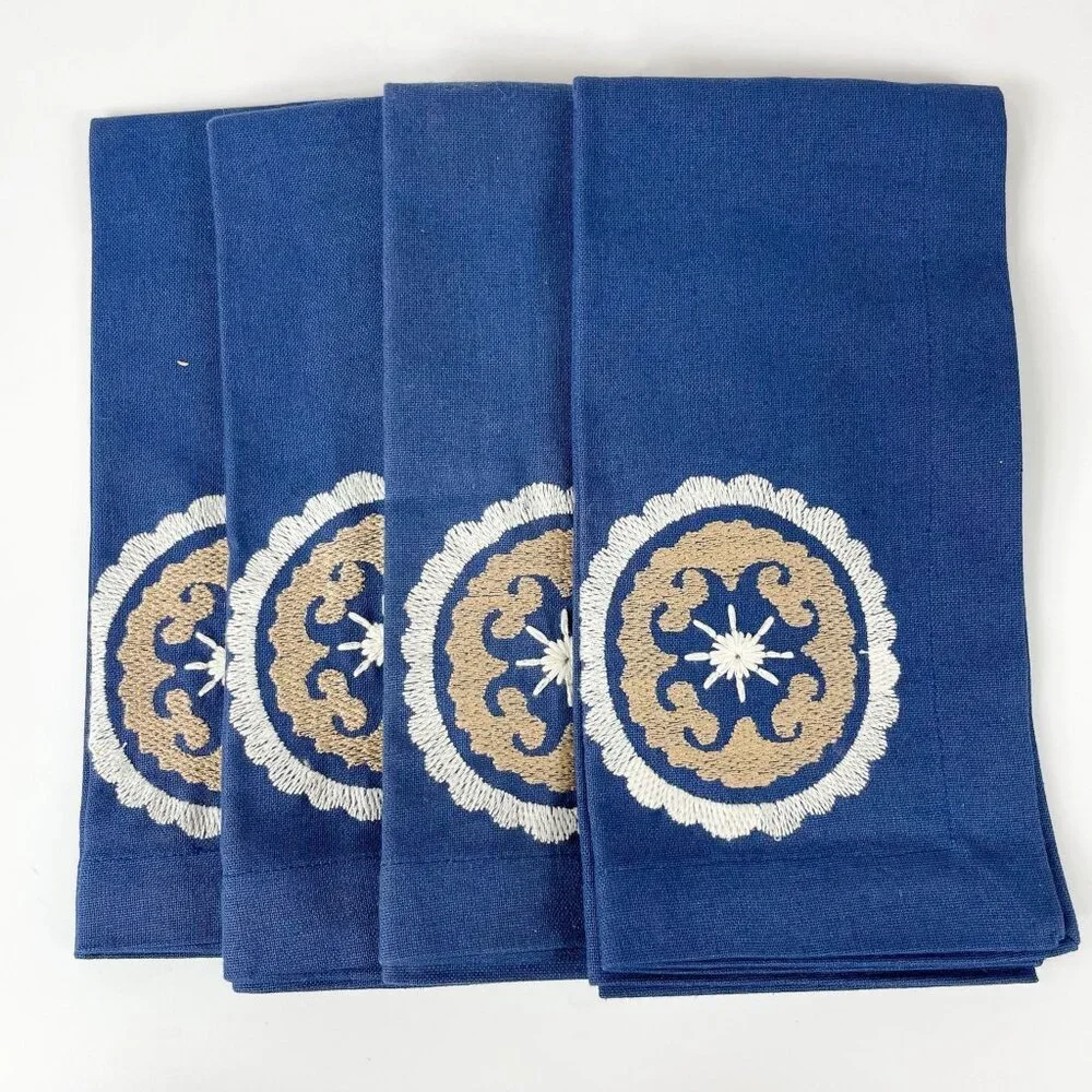 Pottery Barn Navy Blue Embroidered Cotton Napkins Set Of 4 20x20